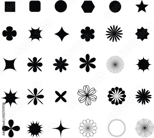 Collection of Basic Shapes: A diverse set of simple geometric shapes and floral designs, perfect for design projects needing basic graphic elements.