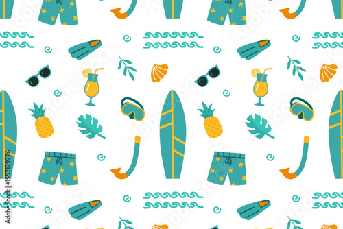  Seamless vector pattern with hand-drawn beach and summer items like swimwear, flippers, and cocktails in vibrant, flat colors. Ideal for holiday backgrounds, fabric, invitations, and cheerful party 