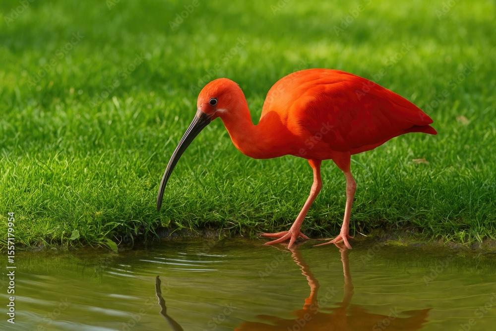 Obraz premium Scarlet bird wading through the pond in a zoo setting