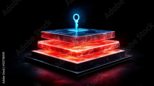 Glowing key unlocks layered digital data blocks