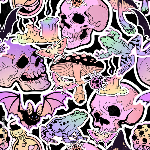 Seamless pattern with magical cartoon stylized elements - skulls, animals and plants