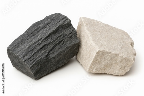 Decorative garden stones made of schist and limestone on a plain white backdrop