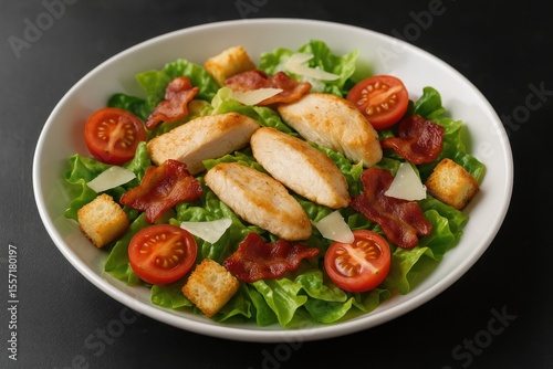 A black table setting featuring a salad with bacon, grilled chicken, cherry tomatoes, and shaved parmesan cheese