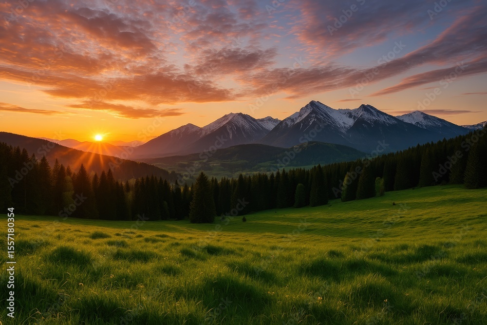 Obraz premium Majestic mountain sunset scene during springtime