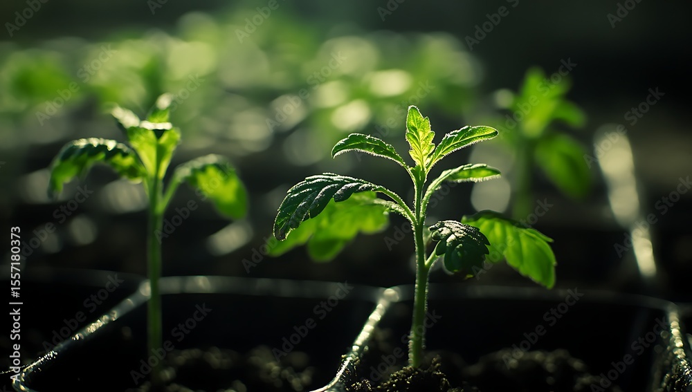 Obraz premium Close-up view of vibrant young cannabis seedlings growing in black plastic tubs, with sunlight filtering gently through the green leaves, highlighting their healthy growth indoors.