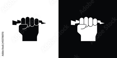 Hand with Power icon. Black Silhouette. Graphic illustration.