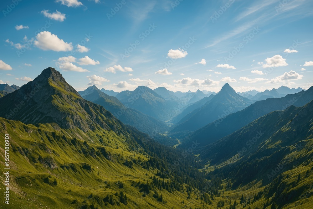 Naklejka premium Majestic mountain summits illuminated by scenic lighting