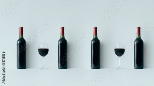 Dark velvety wine bottles flute against minimalist serenity, echoing St Vincent's Day indulgence and quirky parallelism