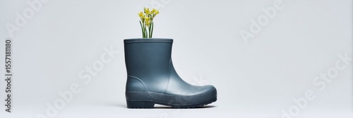 Rubber boot with blossoming daffodils, quirky Earth Day symbol, renewing metamorphosis, charmingly whimsical eco-decoration, sustainable improvisation