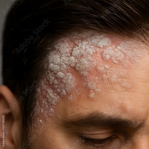 Scalp Psoriasis Close Up on Male Forehead with Thick White Plaques and Redness Near Hairline, Medical Skin Condition
