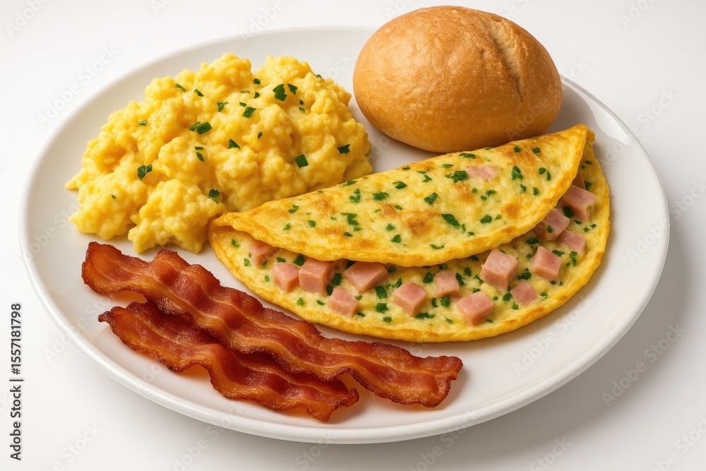 Herb-infused scrambled eggs with slices of ham Herb-infused scrambled eggs with slices of ham