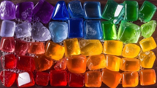 Rainbow soap stones on lace, wooden background, craft