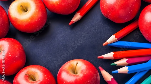 Red apples, colored pencils frame, dark background, back-to-school