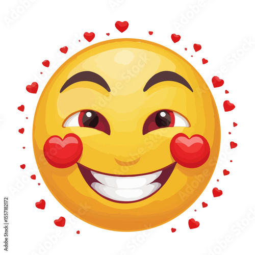 happy smiley face emoji with red hearts, transparent vector