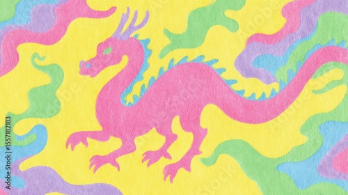 Pink dragon wreathed in pastel hued clouds, capturing whimsy of Asian Mid-Autumn Fest and Holi vibrance