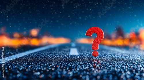 Red question mark on snowy road at night, city lights blurred background; uncertainty concept