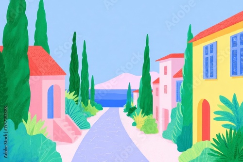 Picturesque pastel village with vibrant cypress, Mediterranean dreamscape, evokes Festa della Repubblica, whimsical Tuscan escape vibes