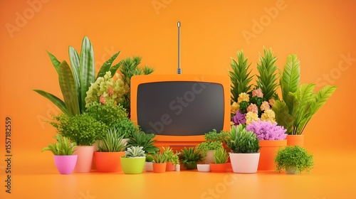 Retro TV surrounded by plants, orange background, home decor