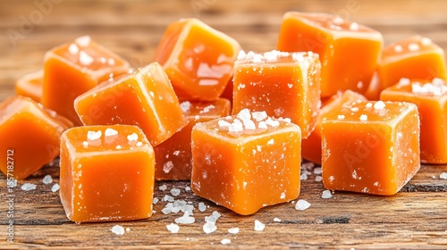 Salted caramel candies on wood, close-up, food photography, sweet treat