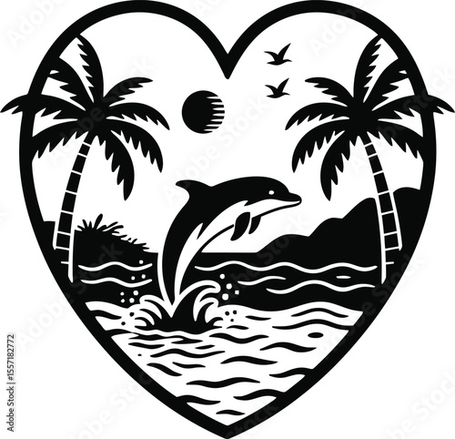 tropical island with palm tree sunset, illustration