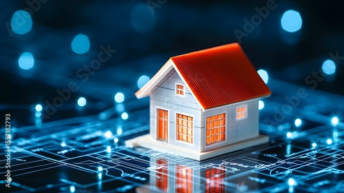 Smart home model on circuit board, glowing lights, technology