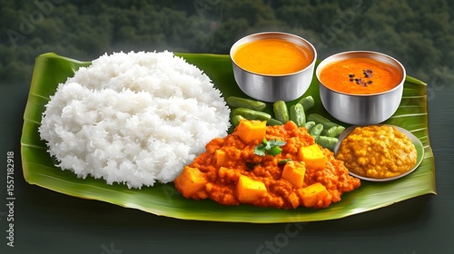 South Indian rice meal, curry, lentil, banana leaf, outdoors