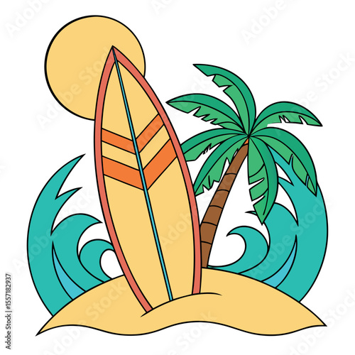 Tropical Beach Scene with Palm Tree and Surfing Wave Illustration