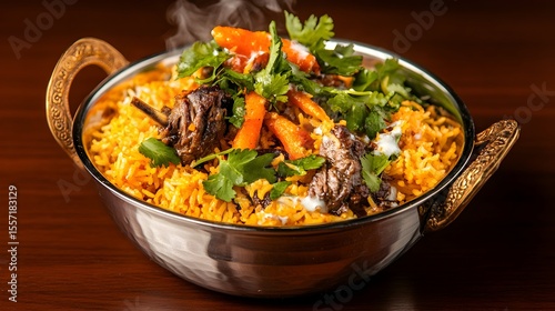 Steaming lamb biryani, ornate bowl, wood table, restaurant