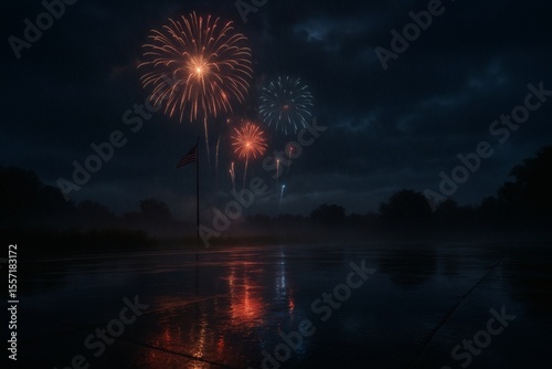 Fireworks Exploding Over Wet Pavement in Rain with American Flag and Reflections at Night