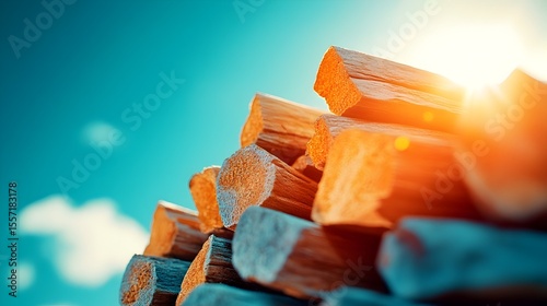 Sunlit firewood stack outdoors, bright sky