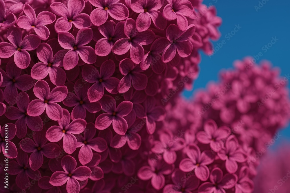 Fototapeta premium Macro shot of vibrant purple lilac flowers against a clear blue sky backdrop