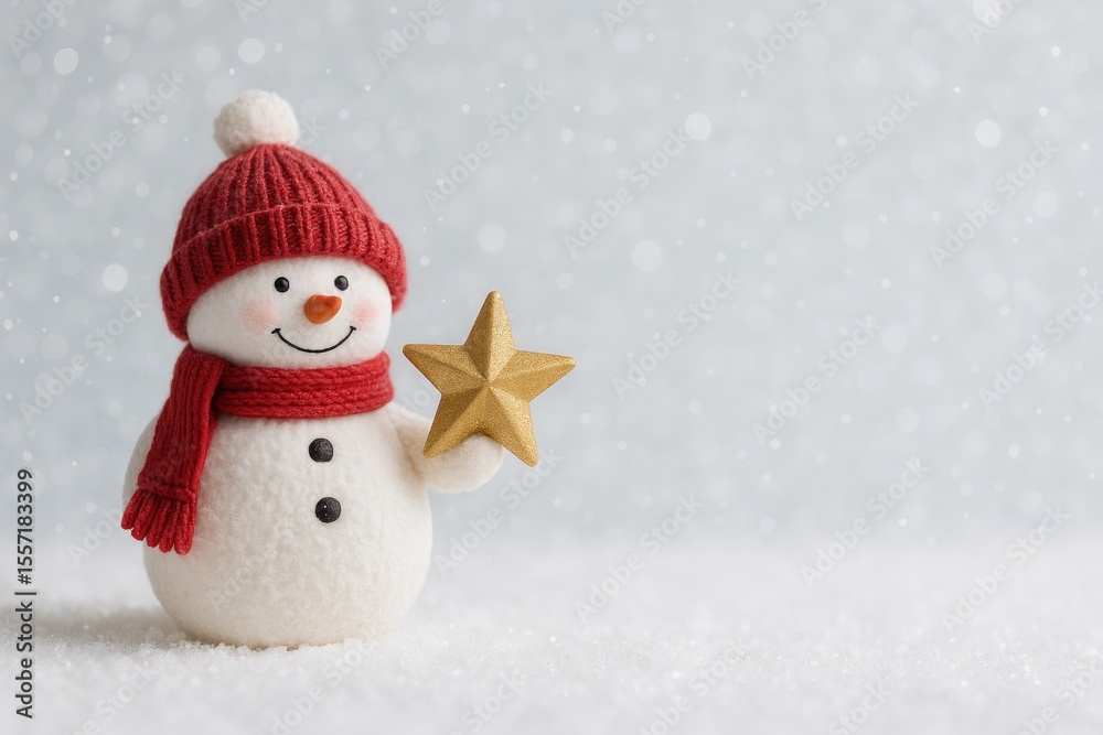 Fototapeta premium Festive holiday card featuring a snowman figure holding a Christmas star with a seasonal backdrop and space for message