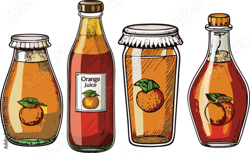 Hand Drawn Orange Juice Bottles and Jar Illustration on White Background