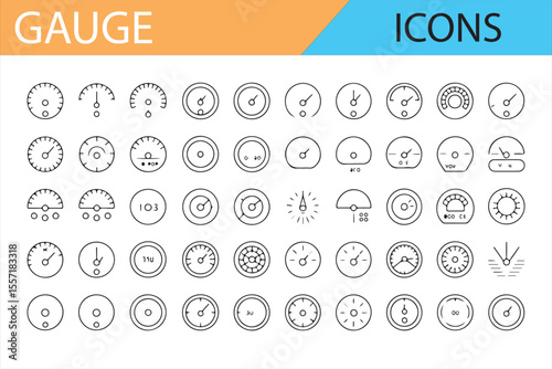 Gauge Icons Set for Monitoring Systems, Measurement Tools, and Controls - A collection of minimalistic icons depicting various gauges for fuel, temperature, voltage, pressure, and other measurement sy