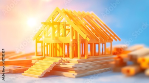 Sunrise House Frame Construction, Wooden Beams, Blueprint Background