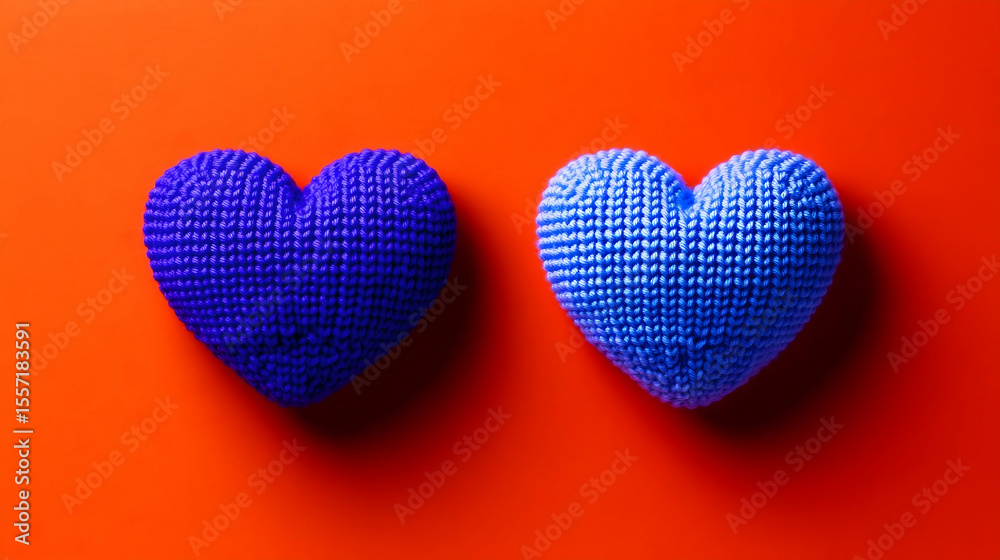 Obraz premium Two knitted hearts on red background, Valentine's Day