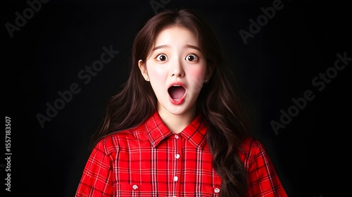 Surprised woman, red shirt, studio, dark background, advertising