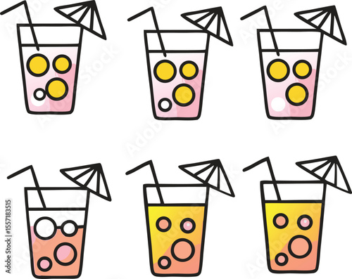 Colorful Summer Drinks with Straws and Umbrellas on White Background