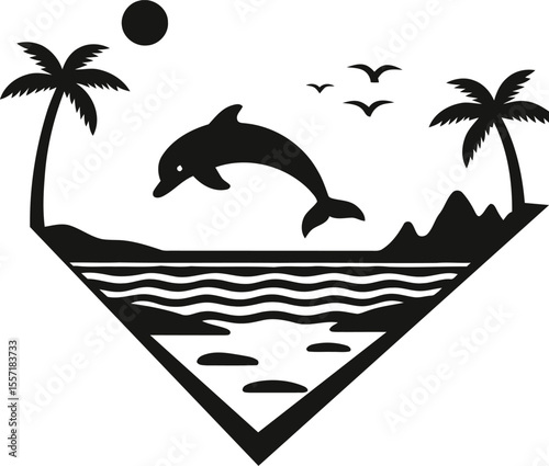 tropical island with palm tree sunset, illustration
