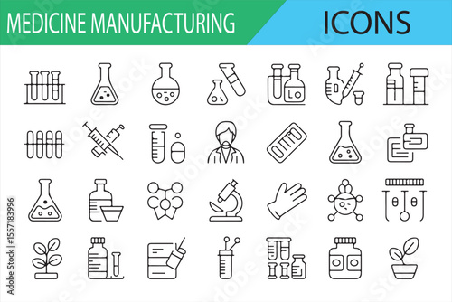 Lab Equipment and Pharmaceutical Icons for Manufacturing Processes