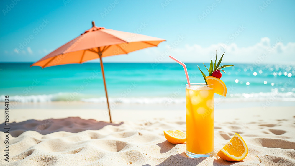 Obraz premium To the left of the glass is an umbrella, and in the background is a beautiful view of the water and sky.