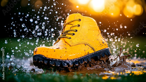 Yellow boot splashing in muddy puddle at sunset; outdoor advertising