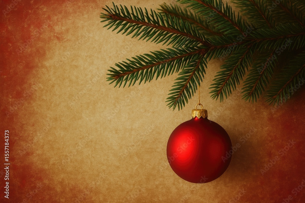 Obraz premium Festive holiday decoration featuring a red Christmas ball on a decorated tree with a white, red, and gold background for a greeting card