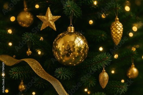 Festive ornaments adorning a lush evergreen