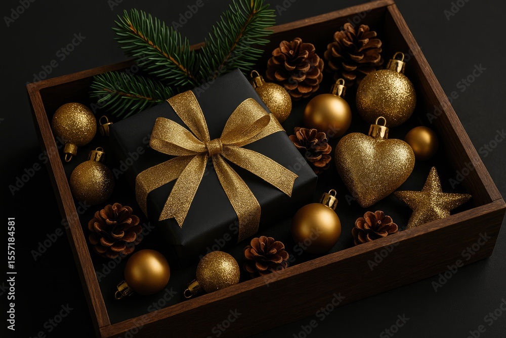 Naklejka premium Festive present and ornament stored in a wooden container