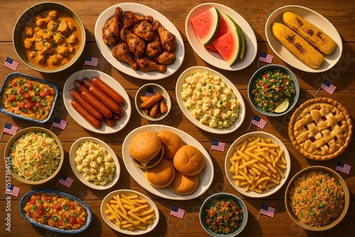American Multicultural Feast Table with Traditional and Ethnic Dishes at Sunset