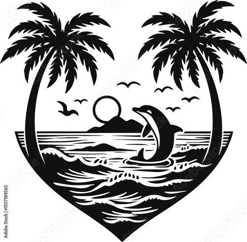 tropical island with palm tree sunset, illustration