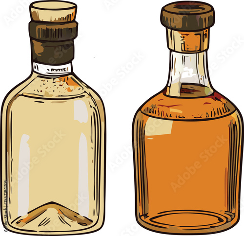 Two liquor bottles with corks one light and one dark