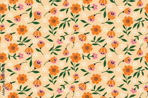 Bright floral pattern with orange, pink, and white flowers on a peach background. A cheerful, seamless design perfect for spring and summer-inspired projects.