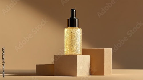 Luxury Skincare Flatlay Featuring Glitter Coated Dropper Bottle and Geometric Pedestal